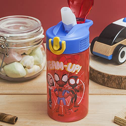 Marvel Spider-Man Kids Water Bottle with Spout Cover and Carrying Loop, Durable Plastic, Leak-Proof Design for Travel (16 oz, 2-Pack, Spidey and His Amazing Friends)