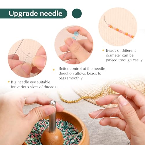 Bead Spinner for Jewelry Making, Effortless Rotating Wooden Clay Bead Spinner with 2 Big Eye Beading Needles and 3000 Seed Beads, Beading Supplies for Making Waist, Bracelets, Necklace