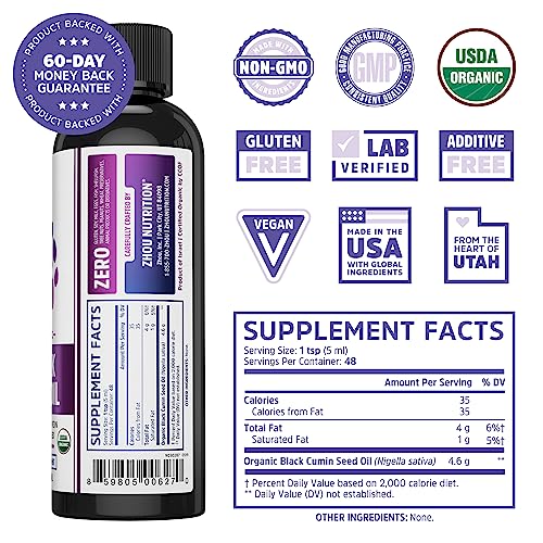 Zhou Organic Black Seed Oil - Black Cumin Seed Oil Cold Pressed, Nigella Sativa, Pure Unrefined Blackseed Liquid, Premium Supplement for Health with Thymoquinone, Omega 3 6 9 - 8 Fl Oz (Pack of 1)