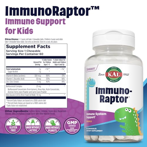 ImmunoRaptor Kids Immune Support Chewables, Vitamin C and Zinc for Healthy Cell Function, Dinosaur Shaped, Orange Flavor, Gluten, Lactose, and Peanut-Free, Sweetened with Xylitol, 60 Servings