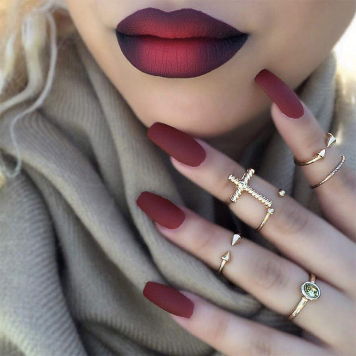 24Pcs Ballerina Matte False Nail Medium Pure Color Full Cover Square Coffin Nails with Glue Sticker Boho Clip on Nails Art Tips Set for Women and Girls (Burgundy)