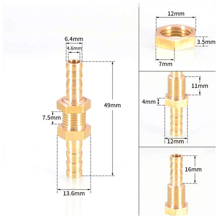 Straight Barbed Connector 2PCS 1/4Inch ID Hose Barb Bulkheads Hex Union Brass Barbed Fitting Connectors with Flat Washer
