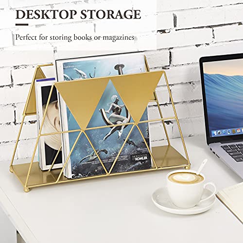 Tabletop Metal Wire Magazine Rack, Geometric Style Gold File Organizer, Contemporary Magazine Holder