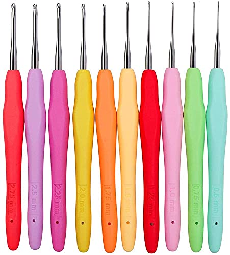 Steel Crochet Hook Set 10pcs Crochet Needle Lace Hook Tool Set with Soft Handle in 10 Sizes for Crafts Lace Crochet