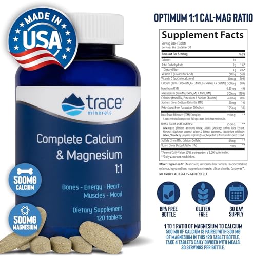 Complete Calcium & Magnesium 1:1 - Dietary Supplement for Bone Health & Energy Support - Mineral Supplement to Aid Immune Health - Formula with Sea Minerals - 120 Tablets (30 Servings)