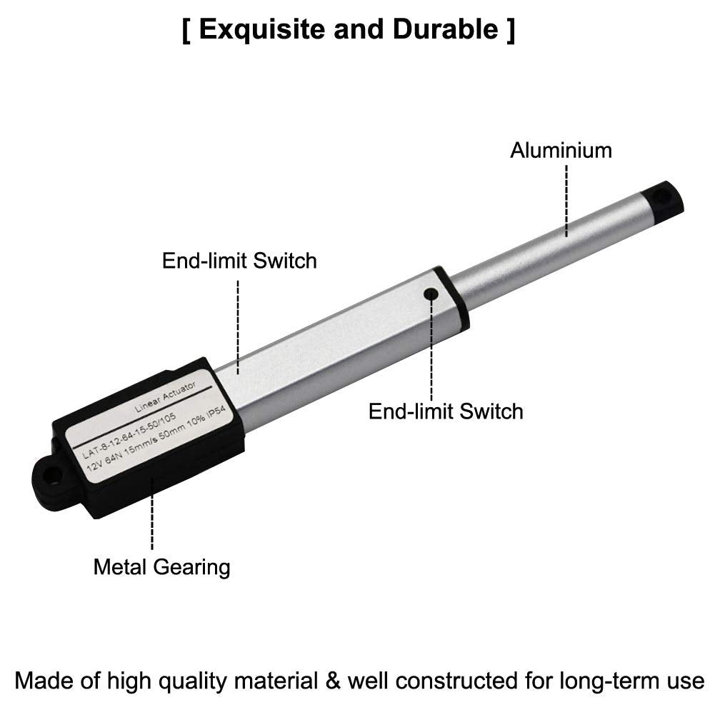Micro Linear Actuator with Limit Switches 12V DC, 64N, 30mm Stroke 1.2 with Mounting Brackets