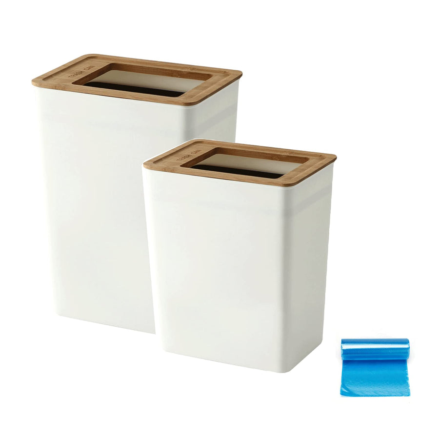 2pcs Slim Plastic Trash Can Set Wastebasket with Wood Lid Rectangular Waste Bin Small Garbage Container White for Home Office Bathroom Kitchen- 2 Gal+2.4 Gallon