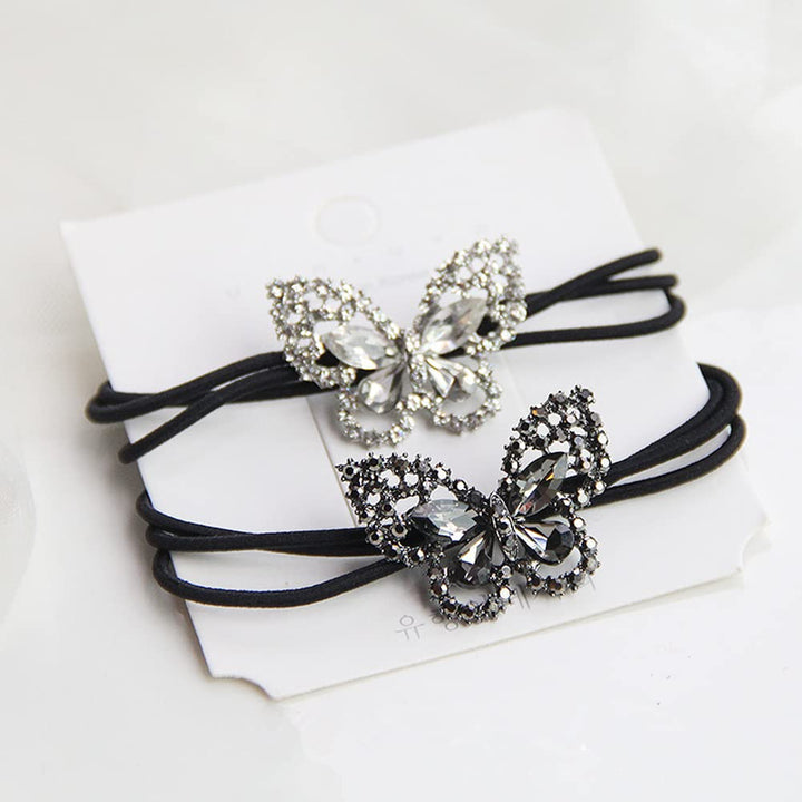 2Pcs Elegant Women Girls Hair Scrunchies Crystal Rhinestone Butterfly Hair Ties Bands Accessories Ponytail Holder