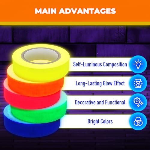 Black Light Tape 16.4ft – 5 Pcs Glow in The Dark Gaffer Tape Fluorescent Duct Tape intas Neon UV Tape Glow in The Dark Tape Neon Tape Neon Tape Duck Tape Glow Gaff Tape Neon Masking Tape Gaff Tape