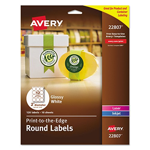Avery Printable Round Labels with Sure Feed Technology, Glossy White Labels, 2 Diameter, Permanent Adhesive, Laser/Inkjet, 120 Glossy Labels Total (22807)