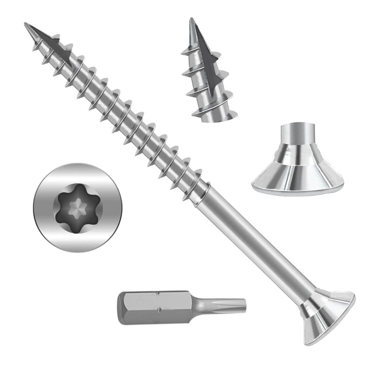 Wood Screws #6 × 1-1/2 inch Torx Star Drive Deck Screws Flat Head M3.5 × 40 Countersunk T10 Self Tapping Thread Cut 200pcs Carbon Steel Galvanized, (Small Box)