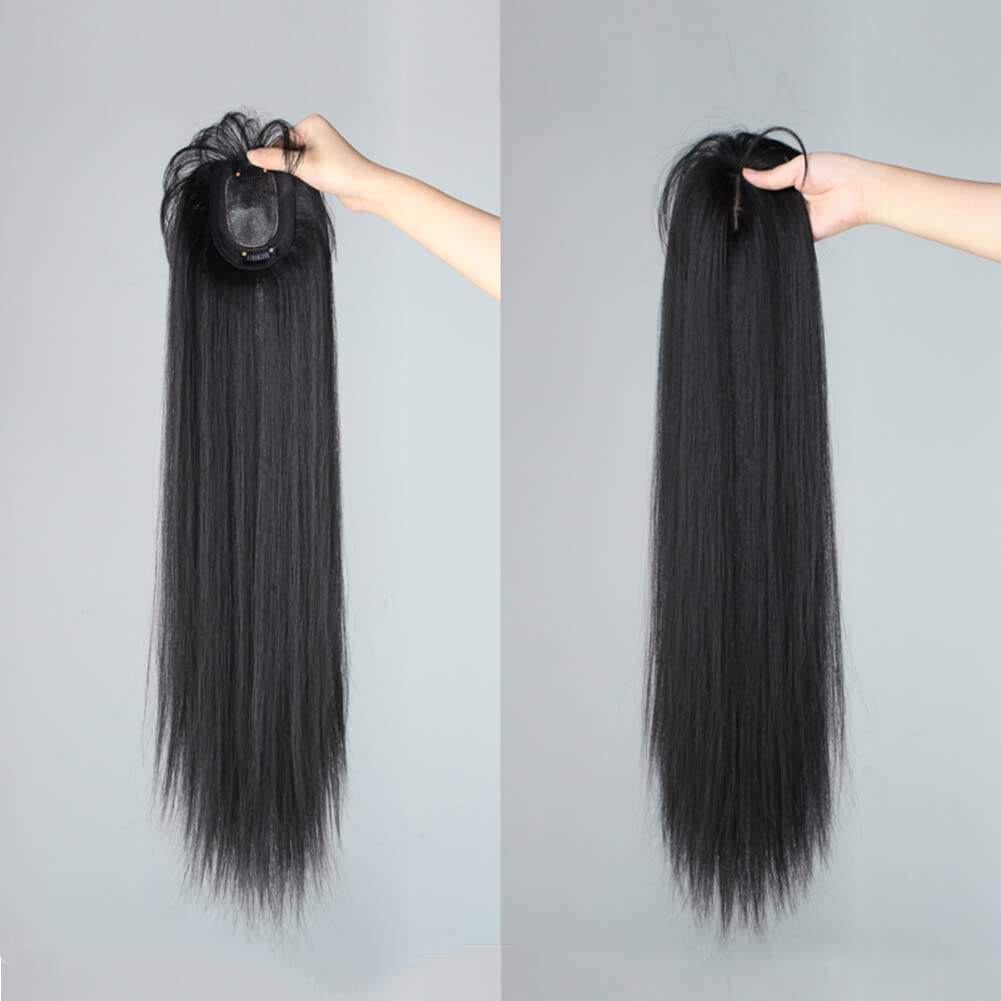 50cm Long Seamless Nature Look Clip in Hairpiece with Side-Fringe Extension Forehead Topper for Women with Thinning Hair Straight Black