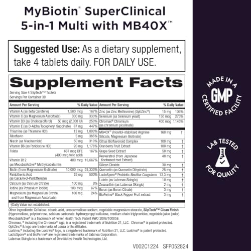 MyBiotin SuperClinical New 5-in-1 Elite Multivitamin + MB40X Biotin Matrix Daily Multi - Thicker Hair Starting in 3 Weeks - 40X More Soluble vs Ordinary Hair Skin Nails - 120 Tabs