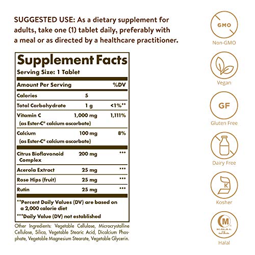Solgar Ester-C Plus 1000 mg Vitamin C (Ascorbate Complex) - 180 Tablets - Gentle & Non Acidic - Supports Upper Respiratory Health - Non-GMO, Gluten-Free - 180 Servings