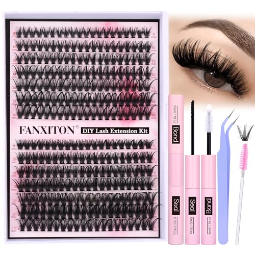 DIY Lash Extension Kit Volume Lash Clusters 40D+50D D Curvature Individual Lashes Lash Clusters Kit Thick Eyelash Extension Kit 280 pcs Thin Band Cluster Lashes Lash Bond and Seal Tweezers