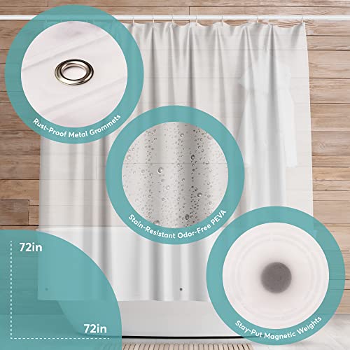 Shower Curtain Liner – 72 x 72 PEVA Premium Shower Curtain with Rustproof Metal Grommet and 3 Magnetic Weights – Odor Free and Compatible with Standard Showers, Clear