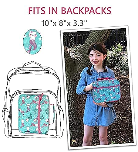 Lunch Bag for Girls with Water Bottle and Ice Pack, Cute Lunch-Box for Toddler Daycare Pre-School, Kids Container for Lunches Snacks Removable Tray, Aqua Pink Cat Mermaid