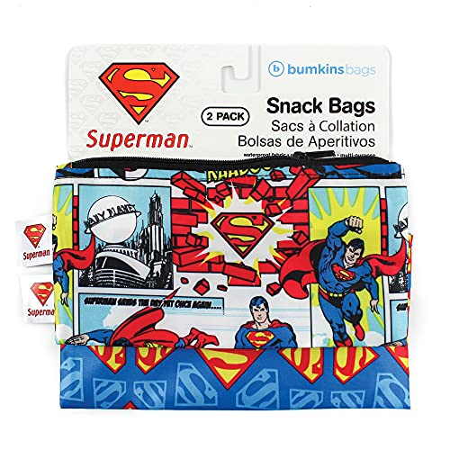 Reusable Snack Bags, for Kids School Lunch and for Adults Portion, Washable Fabric, Waterproof Cloth Zip Bag, Supplies Travel Pouch, Food-Safe, 2-pk Superman DC Comics