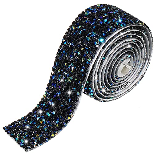 Bling Crystal Rhinestone Ribbon, DIY Self-Adhesive Rhinestone Sticker Ribbon for Wedding Cakes Birthday Crafts Decorations(Black,1.2 Inch Wide)