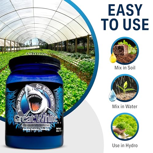 Great White Mycorrhizal Fungi 9-Strain 387 Spores/gram, 6 Million CFU/gram Bacteria, 2-Strains Trichoderma, Root Stimulator, Treats 4,000 Plants, Concentrated 3-in-1 Formula