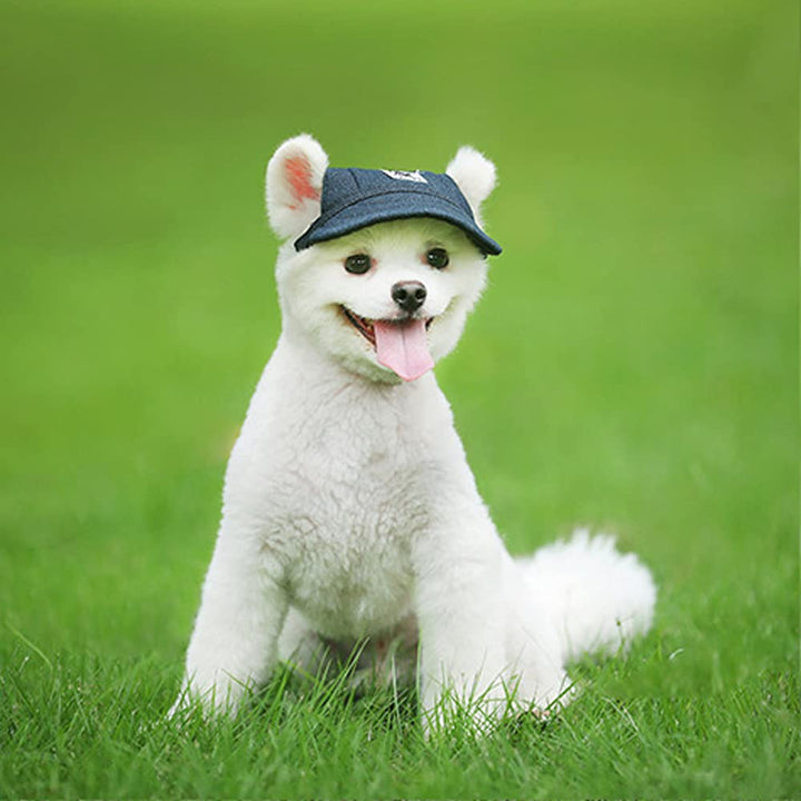 Leconpet Baseball Caps Hats with Neck Strap Adjustable Comfortable Ear Holes for Small Medium and Large Dogs in Outdoor Sun Protection (S, Blue Jeans)
