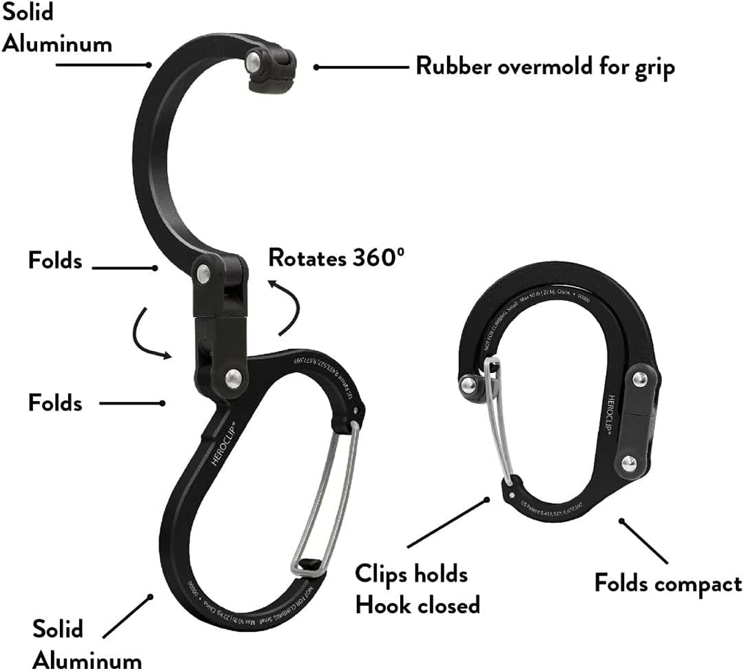 HEROCLIP Carabiner Clip and Hook (Large) for Camping, Backpack, Organization, and Garage, Stealth Black
