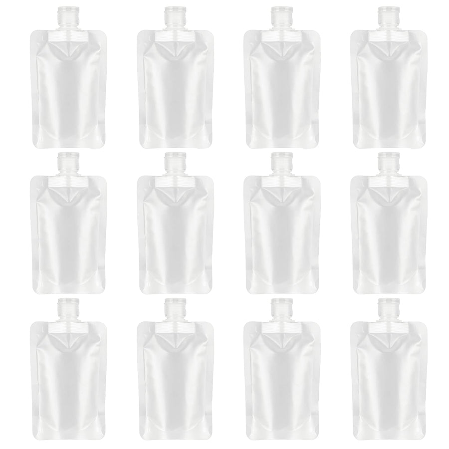 12 Pieces 100ml Leakproof Travel Pouches for toiletries Bulk Travel Size Refillable Squeeze Pouches Containers TSA Approved Empty Stand Up Pouch for Lotion Shampoo Liquids 3.4oz