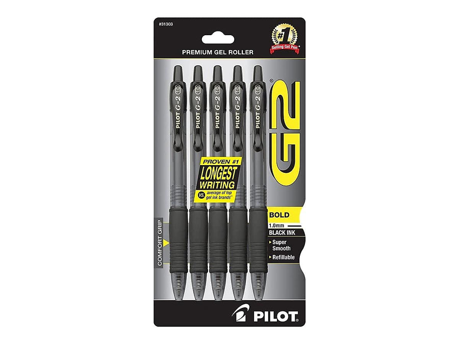 , G2 Premium Gel Roller Pens, Bold Point 1 mm, Pack of 5, Black