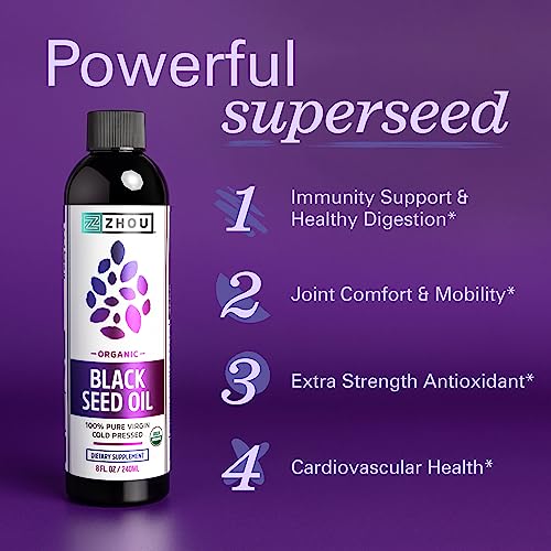 Zhou Organic Black Seed Oil - Black Cumin Seed Oil Cold Pressed, Nigella Sativa, Pure Unrefined Blackseed Liquid, Premium Supplement for Health with Thymoquinone, Omega 3 6 9 - 8 Fl Oz (Pack of 1)