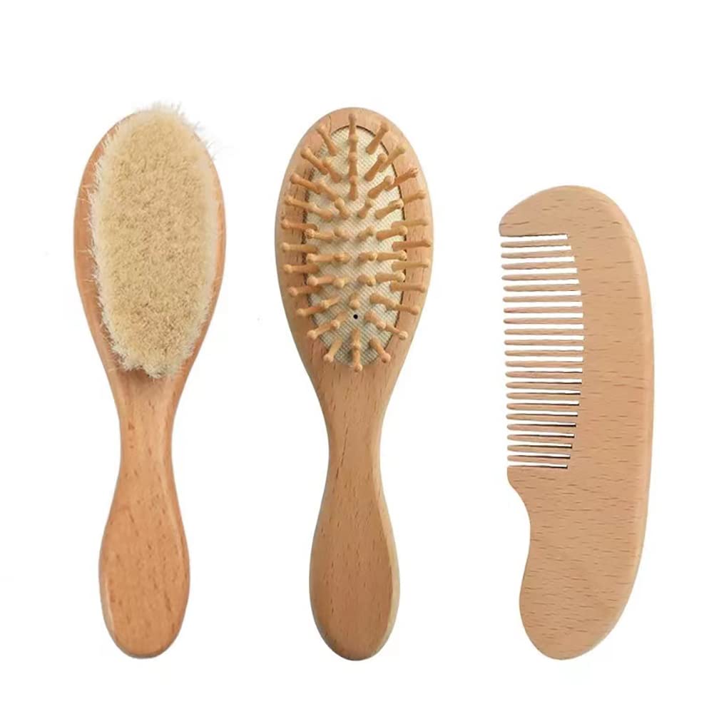 Baby Hair Brush and Comb Set for Newborn| Natural Wooden Hairbrush with Soft Goat Bristles, Pear Wood Comb and Wooden Massage Brush for Infant, Toddler, Kids
