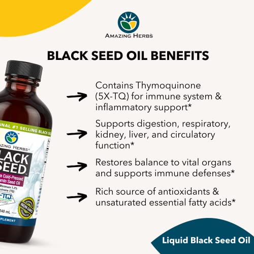 Premium Black Seed Oil - Cold Pressed Nigella Sativa Aids in Digestive Health, Immune Support, Brain Function, Joint Mobility, Gluten Free, Non GMO - 8 Fl Oz
