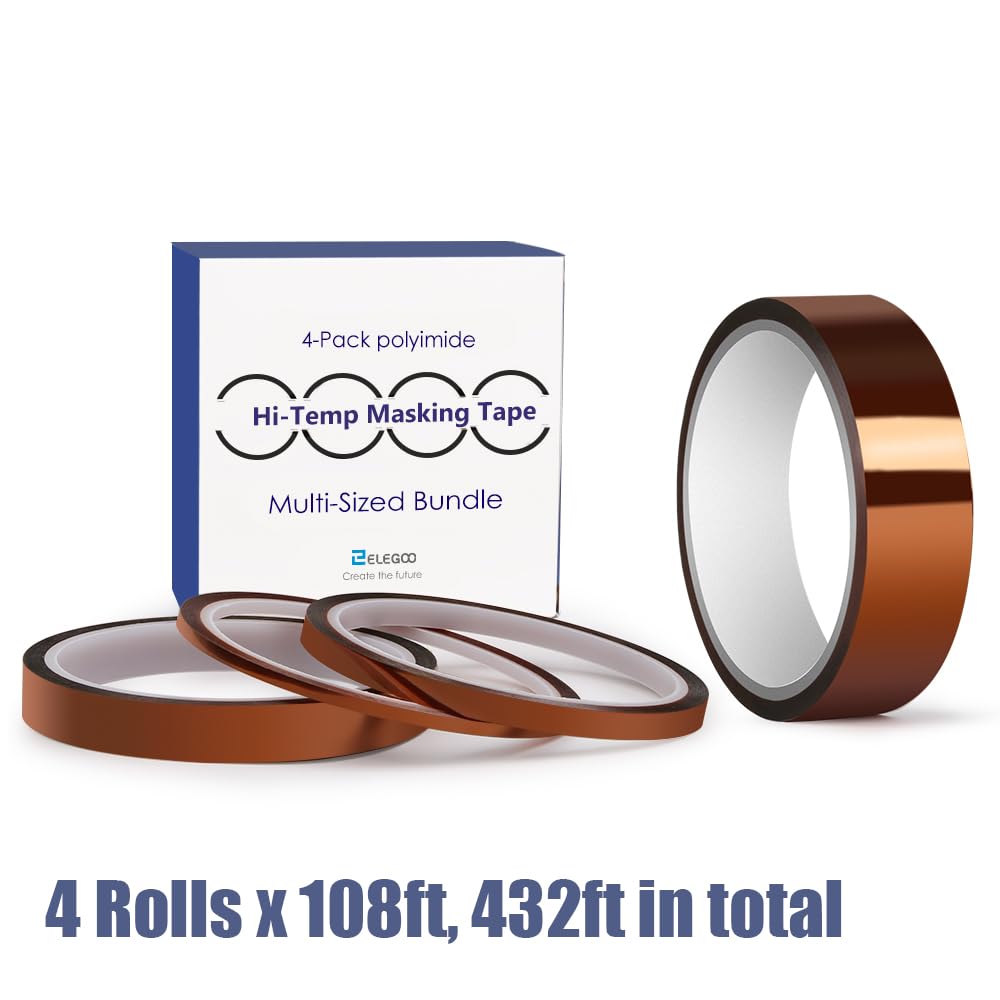 High Temp Tape, 4 Pack Polyimide High Temperature Resistant Tape Multi-Sized Value Bundle 1/8’’, 1/4’’, 1/2’’, 1’’ with Silicone Adhesive for Masking, Soldering etc.