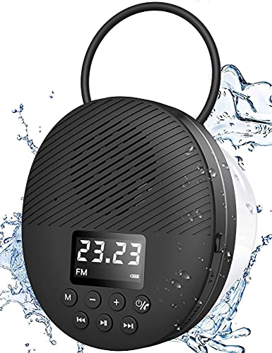 Shower Radio Speaker with Bluetooth 5.0, Waterproof Wireless Bathroom FM with Suction Cup 12H Long Playback Time, Lanyard, LCD Screen Display, Handsfree Calling, Storage Card Playback Black