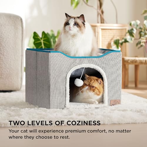 Cat Beds for Indoor Cats - Large Cat Cave for Pet Cat House with Fluffy Ball Hanging and Scratch Pad, Foldable Cat Hideaway,16.5x16.5x13 inches, Grey
