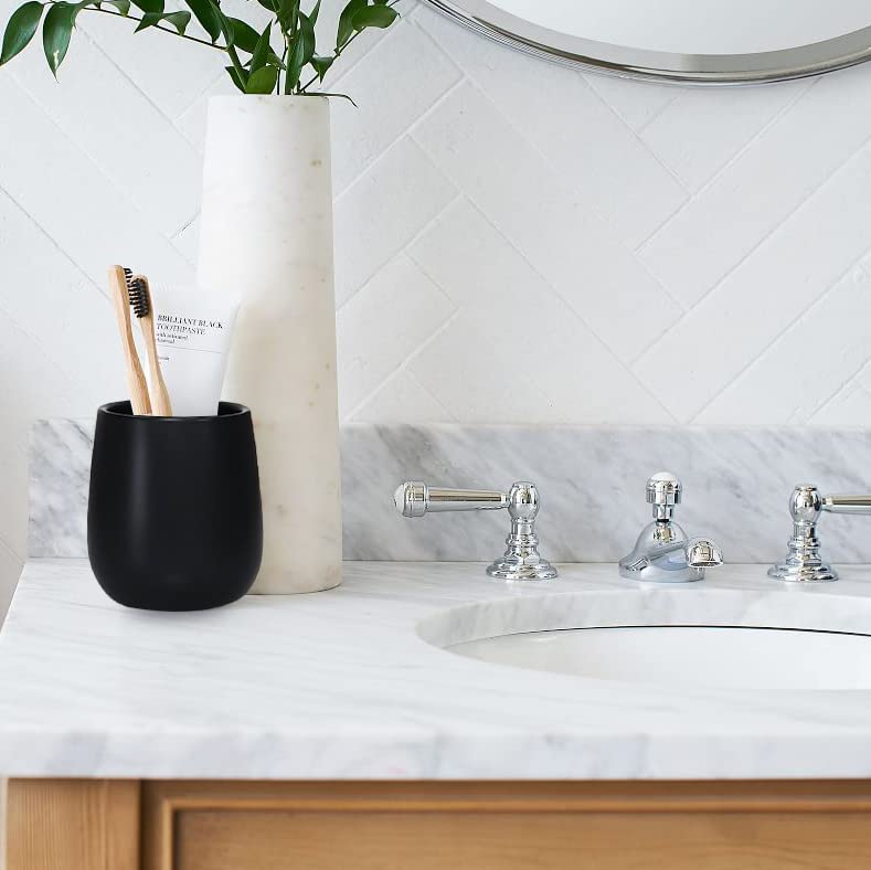 2 Pcs Matte Black Toothbrush Holders, Ceramic Tooth Brushing Organizer Stand for Toothpaste, Makeup Brush, Cutlery, Bathroom Decor, Countertop Dresser Storage