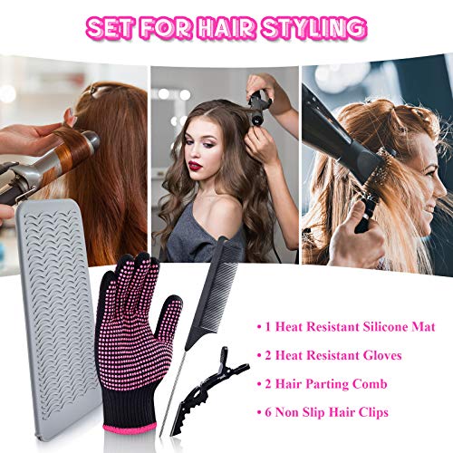Heat Gloves for Hair Styling, 2Pcs Professional Heat Resistant Gloves Silicone Heat Mat 6pcs Hair Clips and 2pcs Styling Comb for Curling Iron Wands Flat Iron