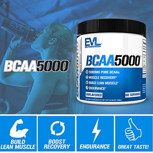 EVL BCAAs Amino Acids Powder - BCAA Powder Post Workout Recovery Drink and Stim Free Pre Workout Energy Drink Powder - 5g Branched Chain Amino Acids Supplement for Men - Unflavored Powder