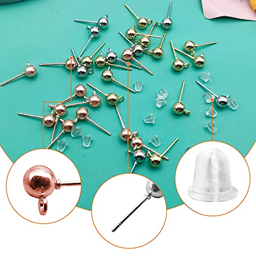600Pcs Ball Post Earring Studs Set for Jewelry Making,300Pcs Earring Studs Ball Ear Pin Ball Post Earrings with Loop with 300Pcs Rubber Earring Back Replacements for DIY Jewelry Making Findings