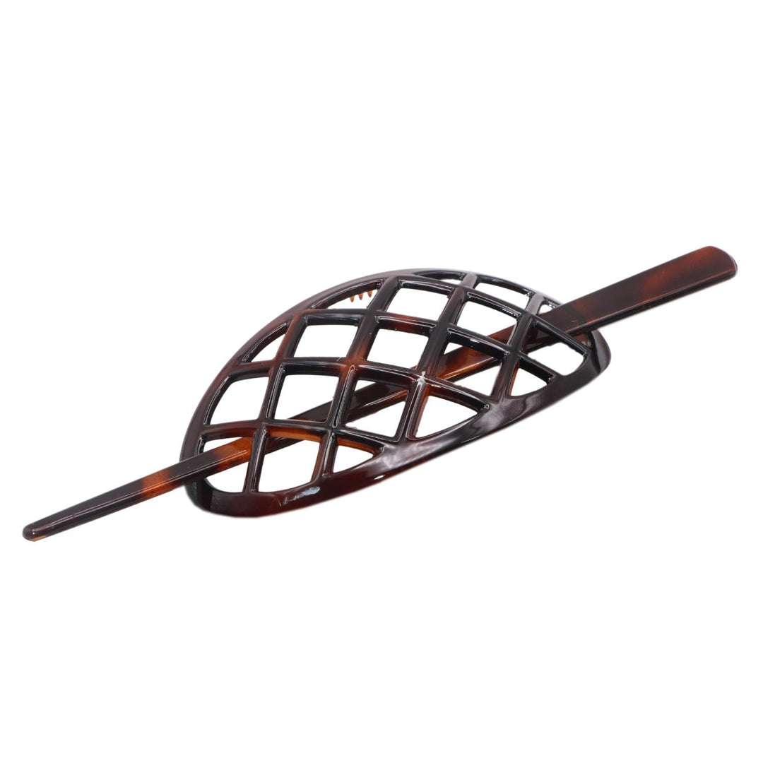 French Criss Cross Pattern Tortoise Shell Brown Cellulose Acetate Made in France Chignon Bun Cover Ponytail Holder Hair Slider Pin Thru Updo with Stick for Women and Girls