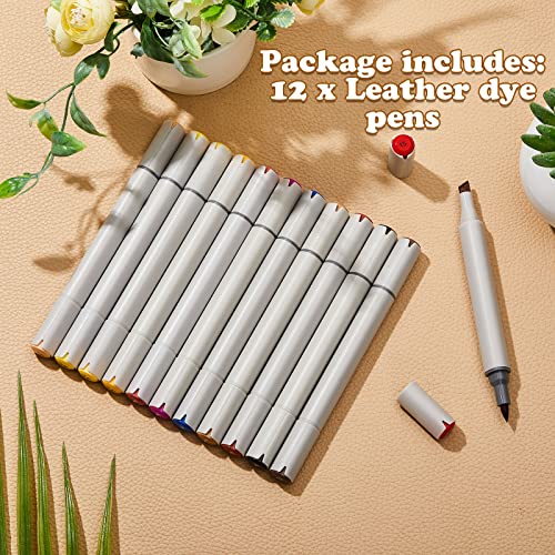 12 Packs Leather Dye Marker Pens Shoe Marker Leather Dual Tip Leather Touch up Pen for Repair Shoe Leather, 12 Colors