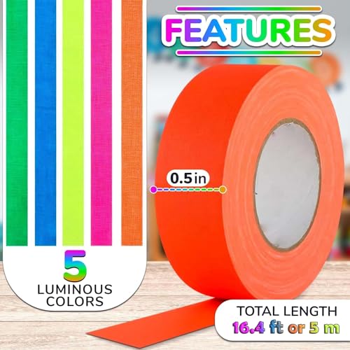 Black Light Tape 16.4ft – 5 Pcs Glow in The Dark Gaffer Tape Fluorescent Duct Tape intas Neon UV Tape Glow in The Dark Tape Neon Tape Neon Tape Duck Tape Glow Gaff Tape Neon Masking Tape Gaff Tape