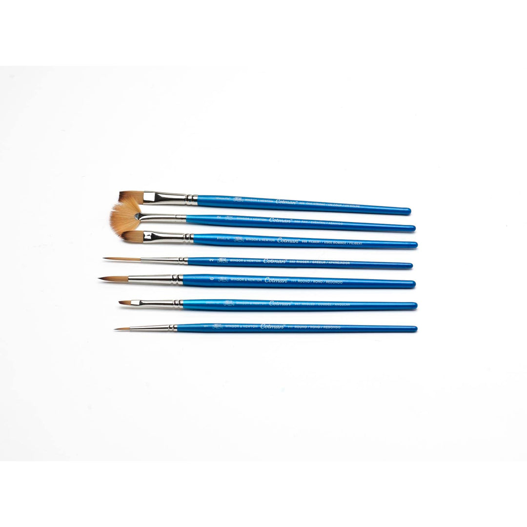 Winsor & Newton Cotman Short Handle Brushes, Set of 7, (Round 1 & 6, Rigger 2, Filbert 1/4, One Stroke 3/8, Angled 1/8, Fan 2)