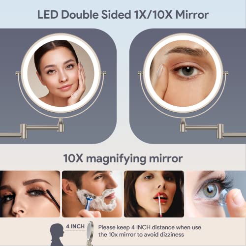 Rechargeable Wall Mounted Lighted Makeup Mirror, 8 Inch Double-Sided LED Vanity Mirror 1X/10X Magnification,3 Color Lights Touch Screen Dimmable 360°Swivel 13 Inch Extendable (Nickel, 10X)