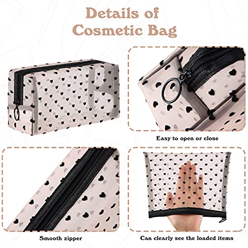 6 Pieces Heart Makeup Bag Sets, Cute Heart Mesh Cosmetic Bag Mesh Zipper Makeup Bag Toiletry Makeup Pouch Portable Travel Zipper Pouch for Women Vacation Travel, 6 Sizes(Beige and Black)