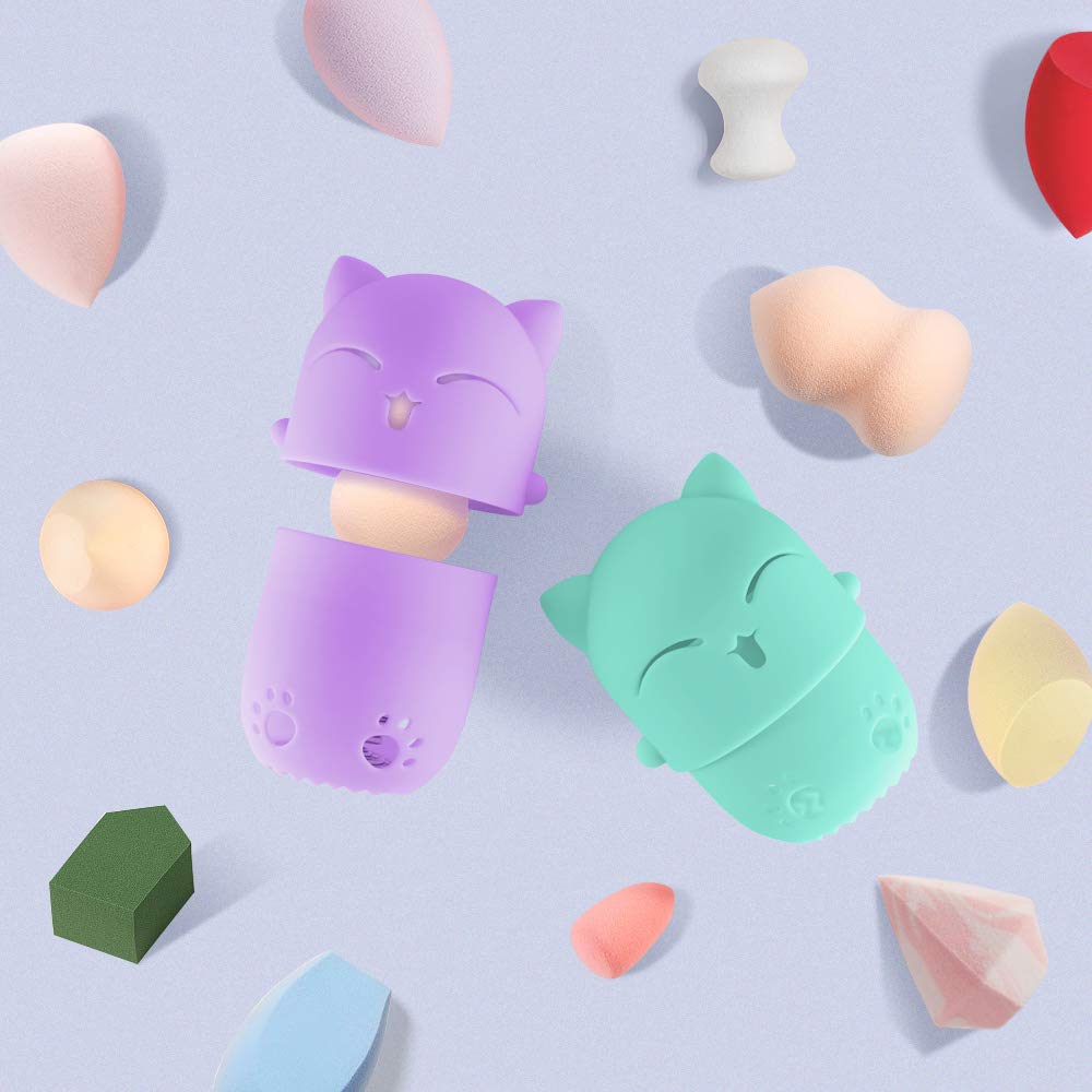 Makeup Sponge Case, Cute Cat Shaped Containers, Silicon made Perfect for Traveling, Keep Makeup Sponges in a Safe &Sanitary, with 2 Fashion Hair Clips &2 Sponge Holders (Green+Purple)