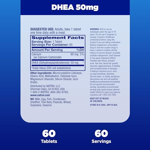 Mood & Stress DHEA 50mg With Calcium, Dietary Supplement for Balance of Certain Hormone Level and Mood Support, 60 Tablets, 60 Day Supply