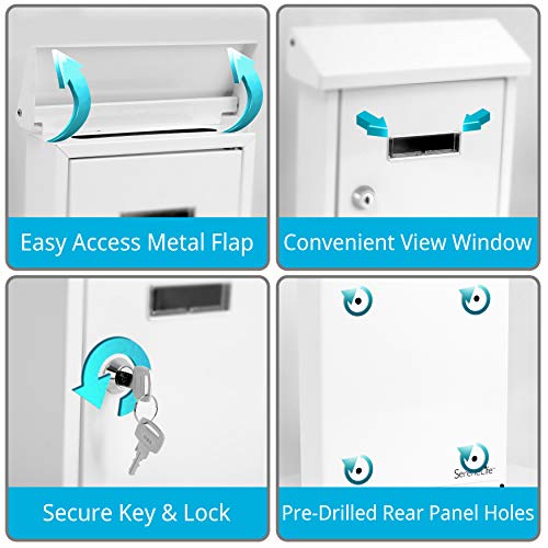 Weatherproof Wall Mount Locking Mailbox - Galvanized Steel w/ Metal Flap for Mail Insertion, Commercial Rural Home Decorative & Office Business Parcel Box Package Drop Secure Lock - Serenelife SLMAB01