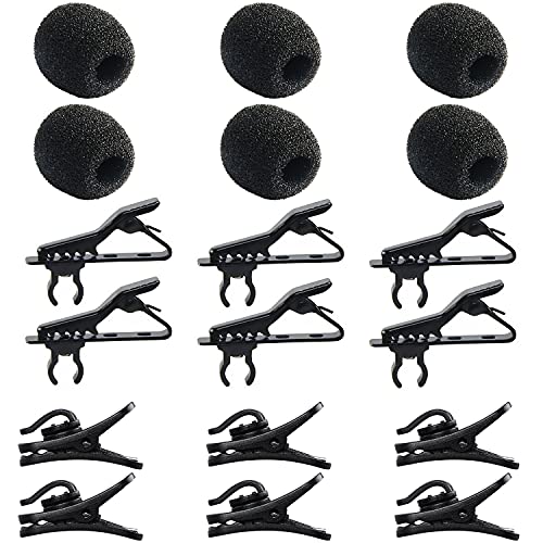 18Pcs Lapel Microphone Clips Replacement Kit, 6Pcs Lavalier Mic Clips Metal Tie Clips Lavalier Microphone Clips, 6Pcs Windscreen Foam Cover and 6Pcs Plastic Wire Clips