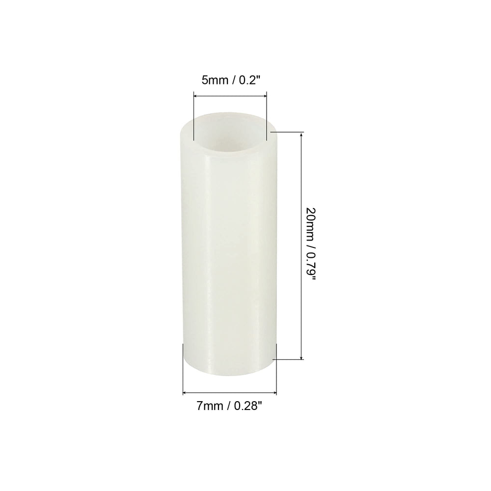 Round Spacer Washer, 100 Pack Nylon 5mm ID x 7mm OD x 20mm L for M5 Screws Block 3D Printer TV Wall Mounting Electrical Outlet, White