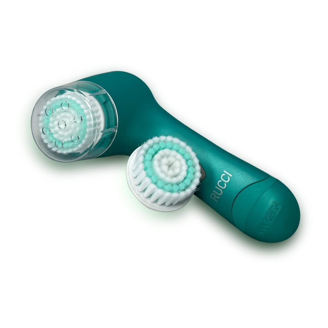 RUCCI Water-Resistant Facial Cleansing Spinning Brush 2 Exfoliating Brush Heads - Complete Face Exfoliation System with Advanced Microdermabrasion for Gentle Exfoliation and Deep Scrubbing (Green)